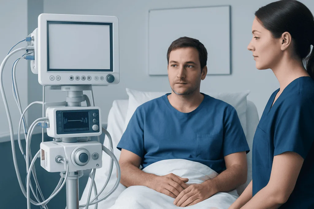Hospital patient with medical monitor in a clinical setting.