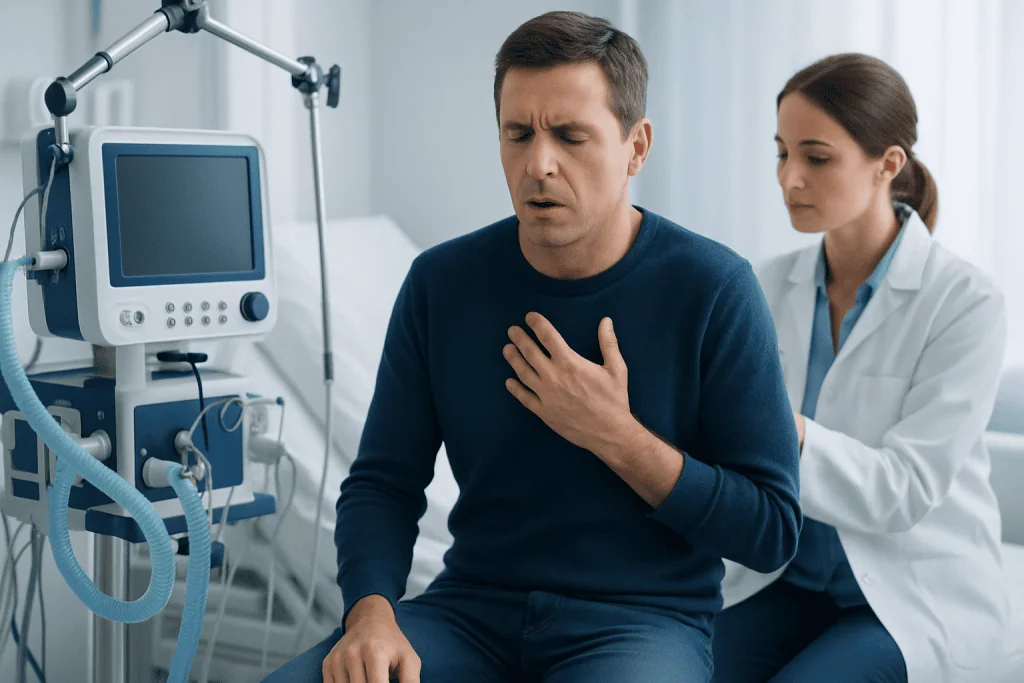 Patient experiencing chest pain during medical examination at hospital.