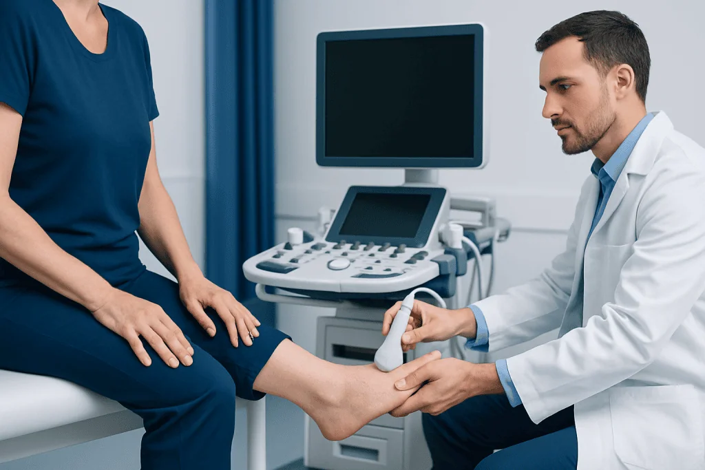 Doctor examining patient's foot with ultrasound device in clinic.