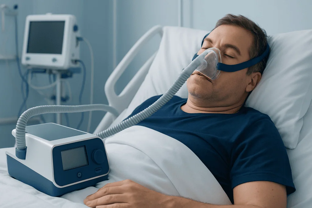 Patient using CPAP machine for sleep apnea treatment in hospital bed.