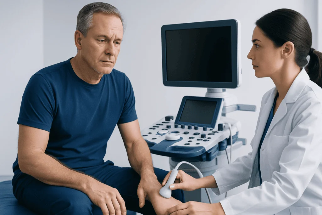 Doctor performing ultrasound examination on male patient in clinic.