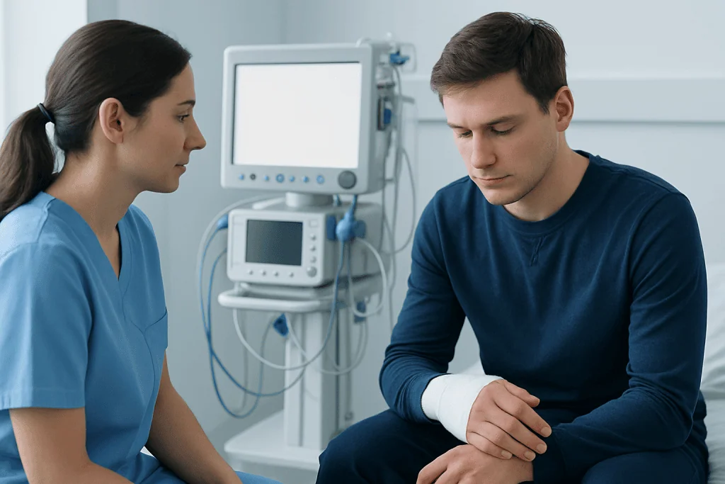 Medical professional examining a patient's hand in a clinical setting.