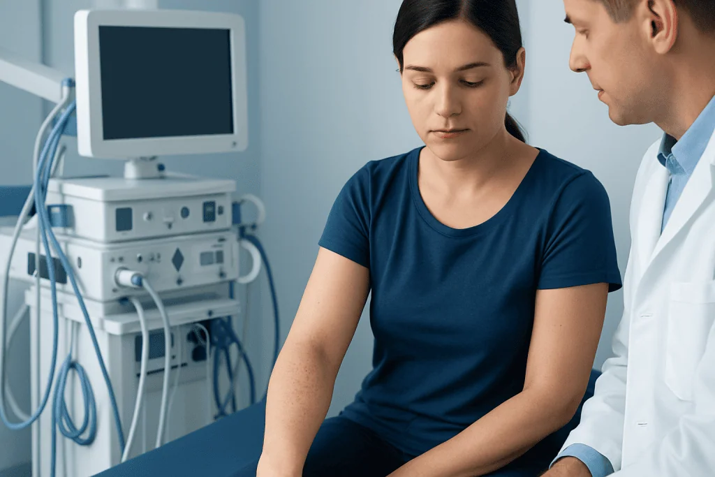 Doctor examining a young woman in a medical clinic setting.