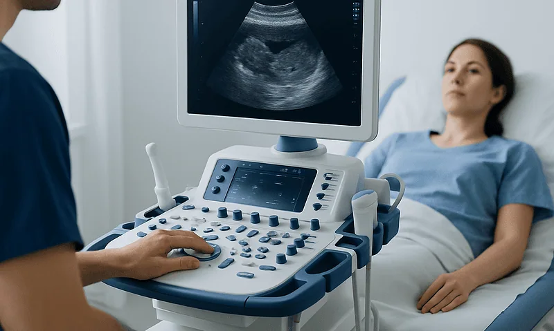 Medical ultrasound scan being performed on a patient in a hospital setting.