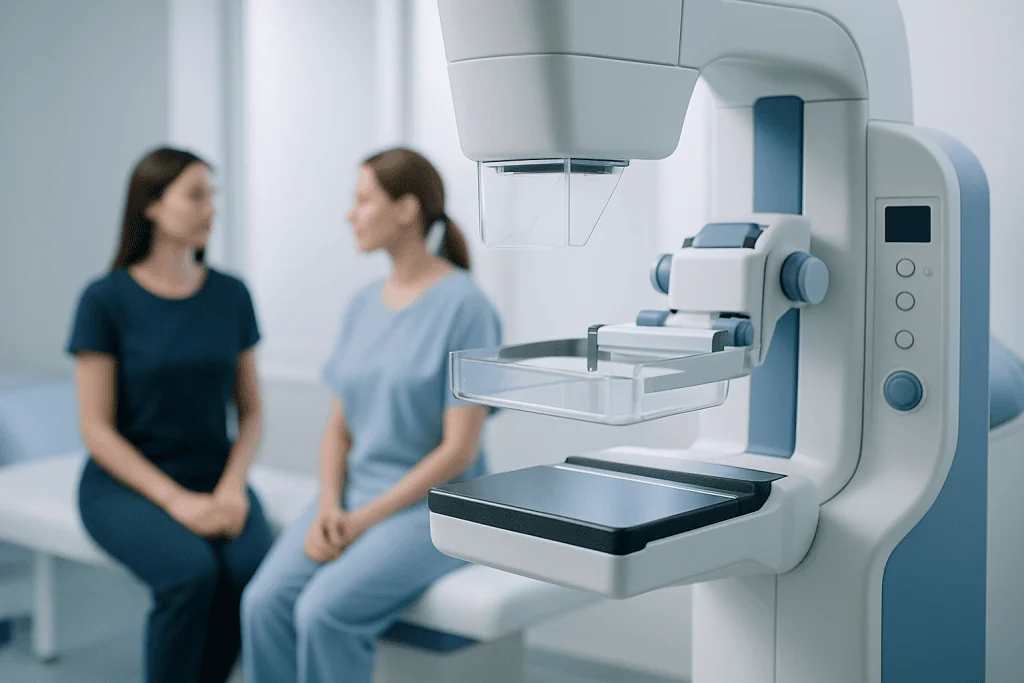 Breast cancer screening mammogram machine in a medical clinic.