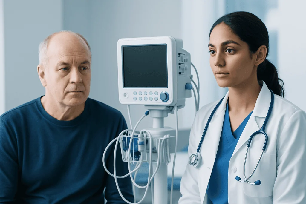 Doctor and patient in a hospital room with medical monitoring equipment.