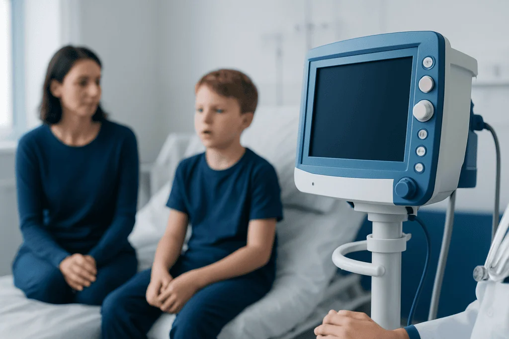 Pediatric patient and mother in a hospital consultation room with medical monitor.