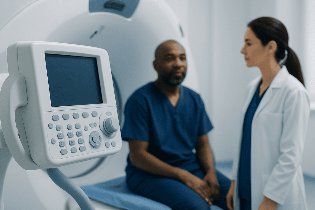 Medical professionals preparing for a scan in a hospital setting.