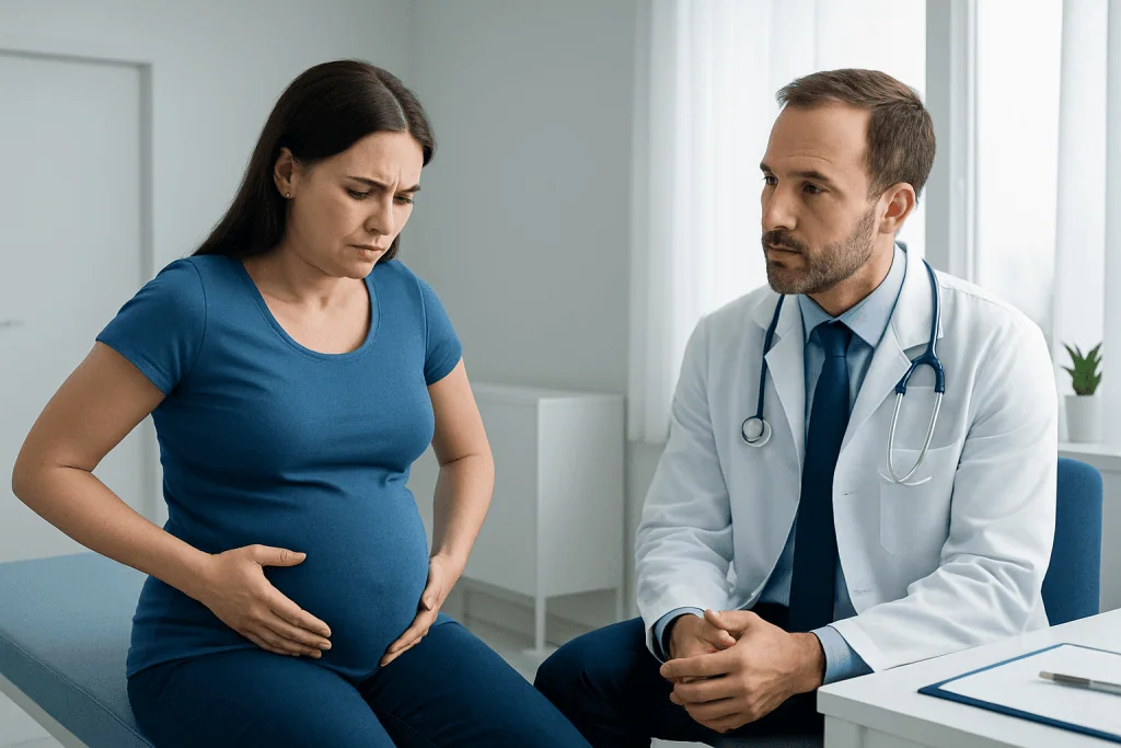 Pregnant woman consulting with a doctor about abdominal pain.
