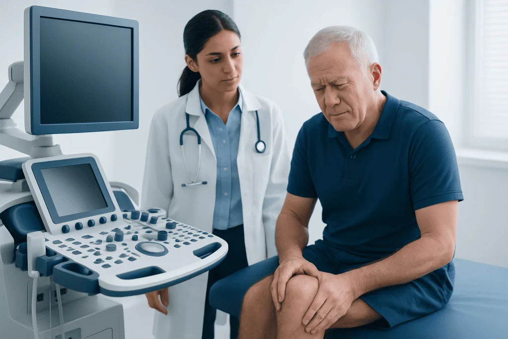 Doctor examining a patient's knee with ultrasound equipment in a clinic.