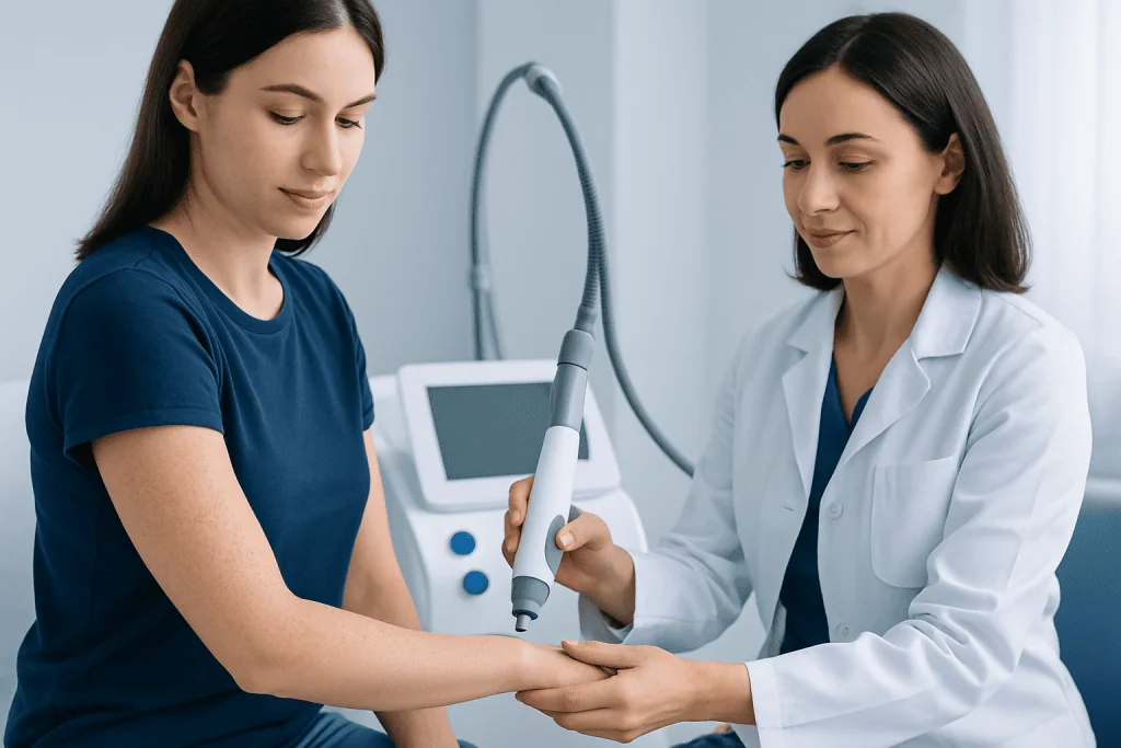 Dermatologist performing laser treatment on patient's arm at Acibadem Hospital.