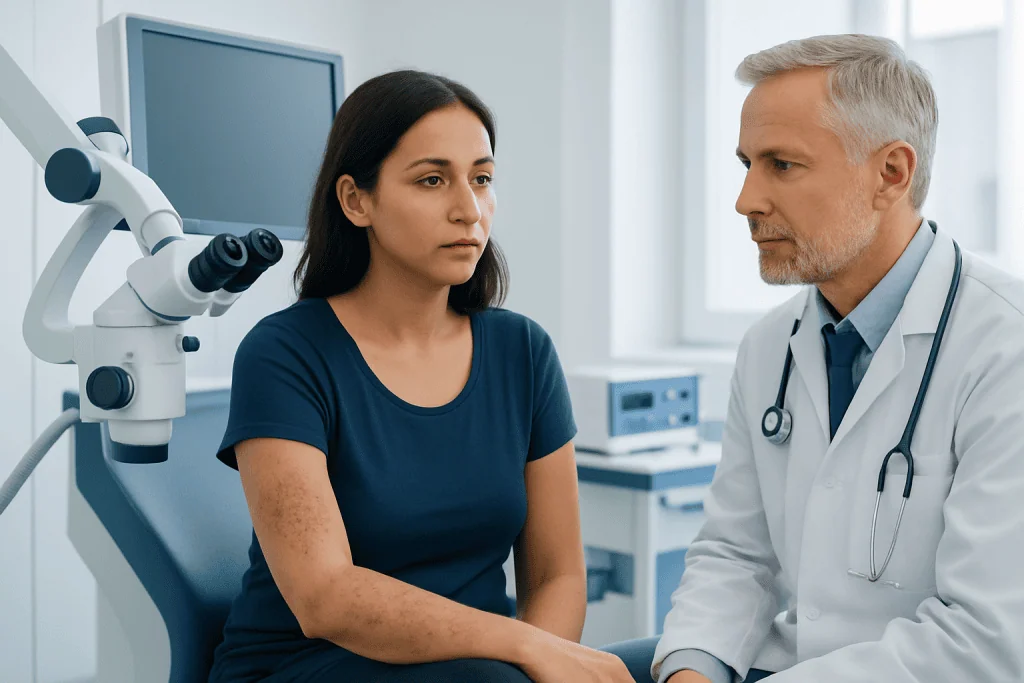 Doctor consulting with a patient in a medical examination room.
