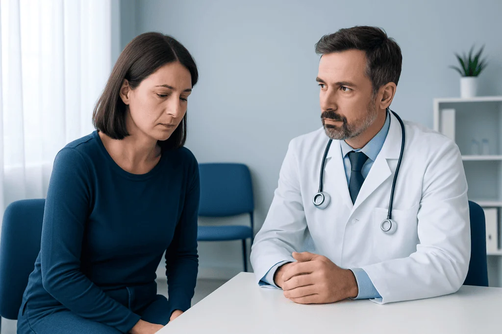 Doctor consulting with a woman patient about health concerns in a clinic setting.