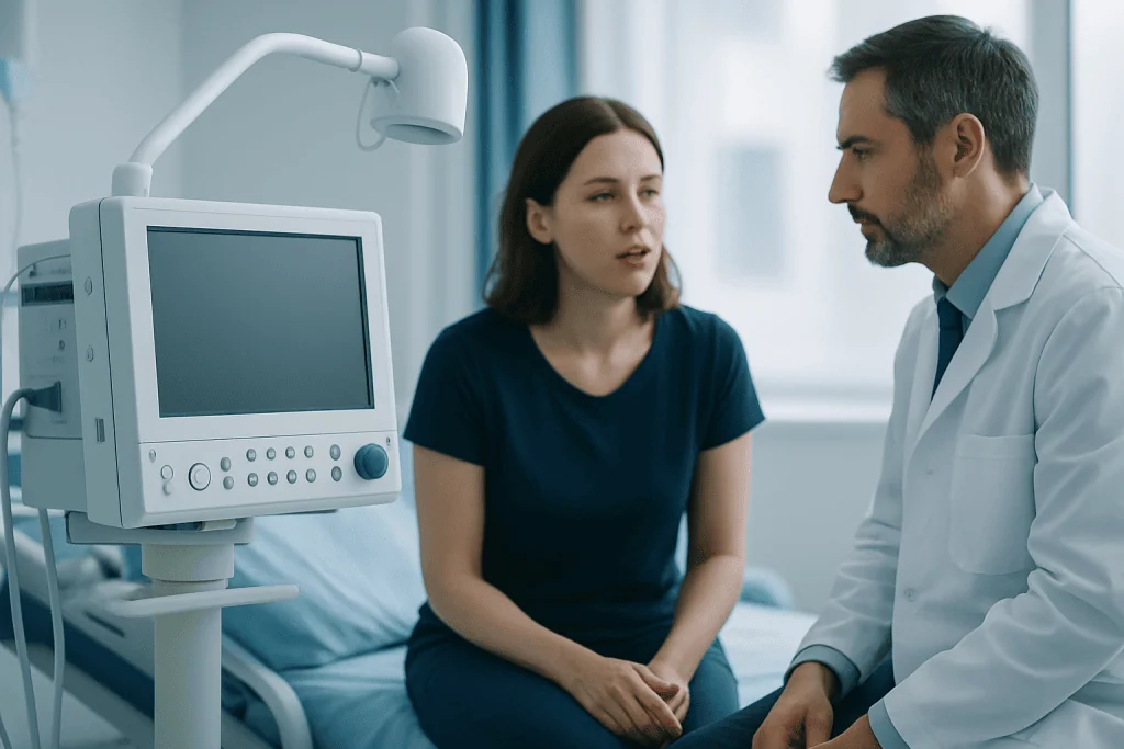 Doctor consulting with a female patient in a hospital room.