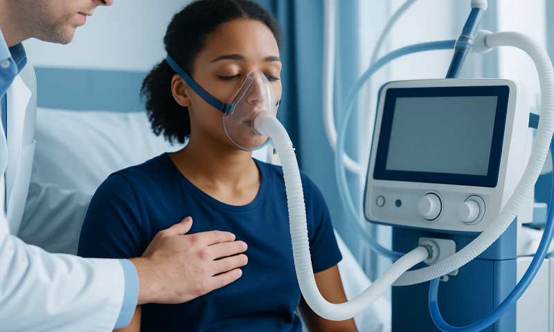 Patient receiving respiratory therapy with ventilator support at Acibadem Hospital.