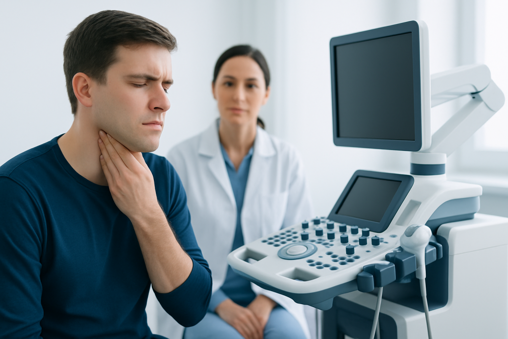 Man experiencing sore throat during medical examination at hospital.