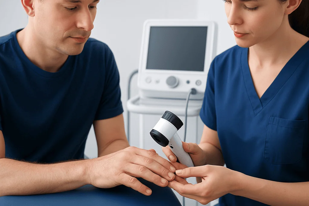 Doctor examining patient's nails with a dermatoscope at Acibadem Hospital.
