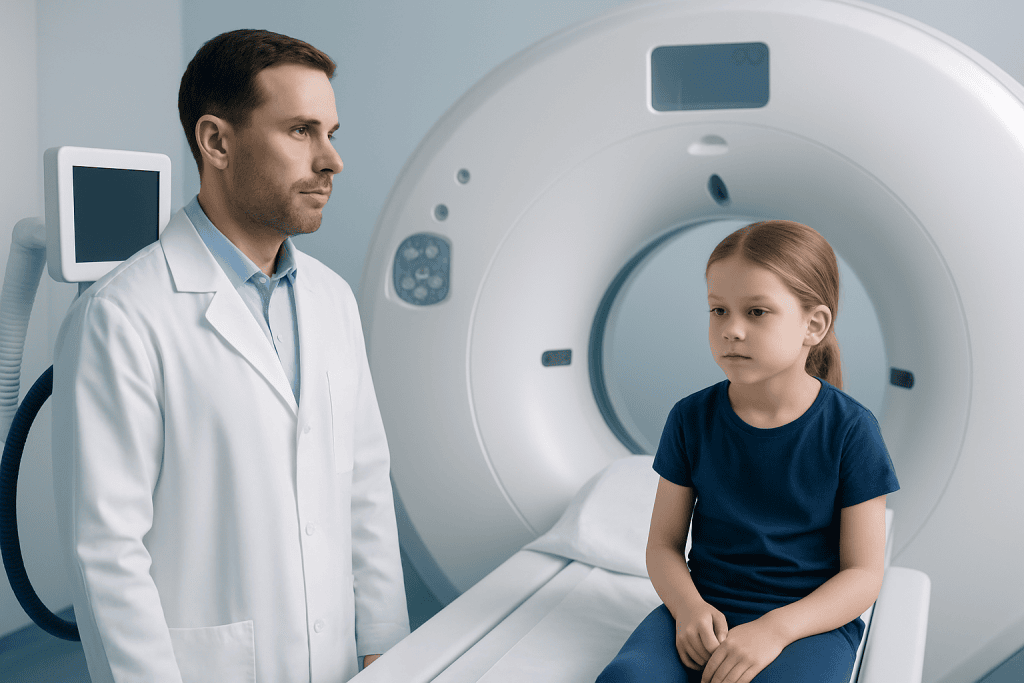 Pediatric patient and doctor in MRI scan room at Acibadem Hospital.