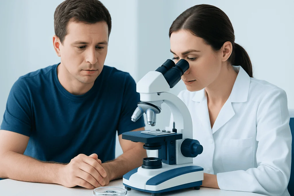 Doctor examining sperm sample under microscope for fertility assessment.