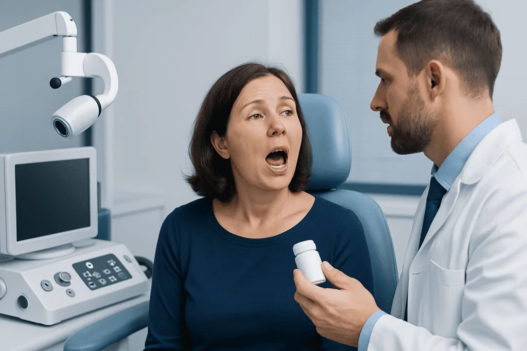 Doctor explaining medication to a woman patient in a clinic setting.