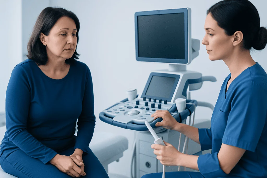 Doctor explaining bladder scan results to a patient in a medical clinic.