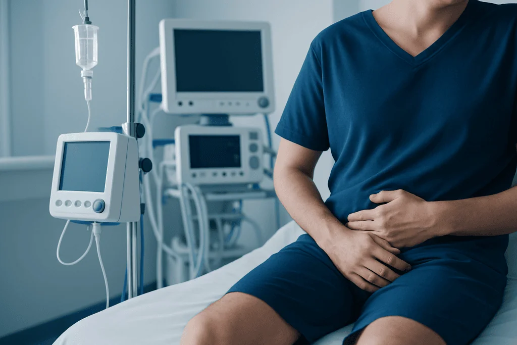 Patient experiencing abdominal pain in a hospital room with medical monitors nearby.