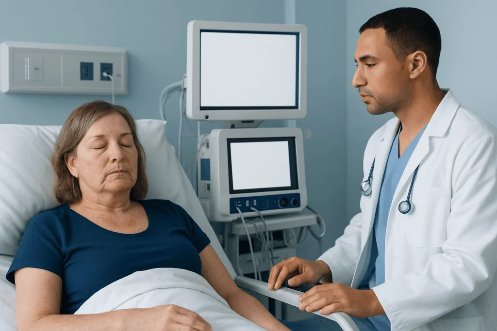 Doctor examining a patient in a hospital room with medical equipment.