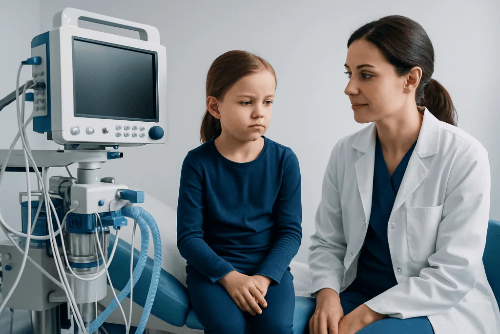 Pediatric doctor consulting a young girl in a hospital setting.