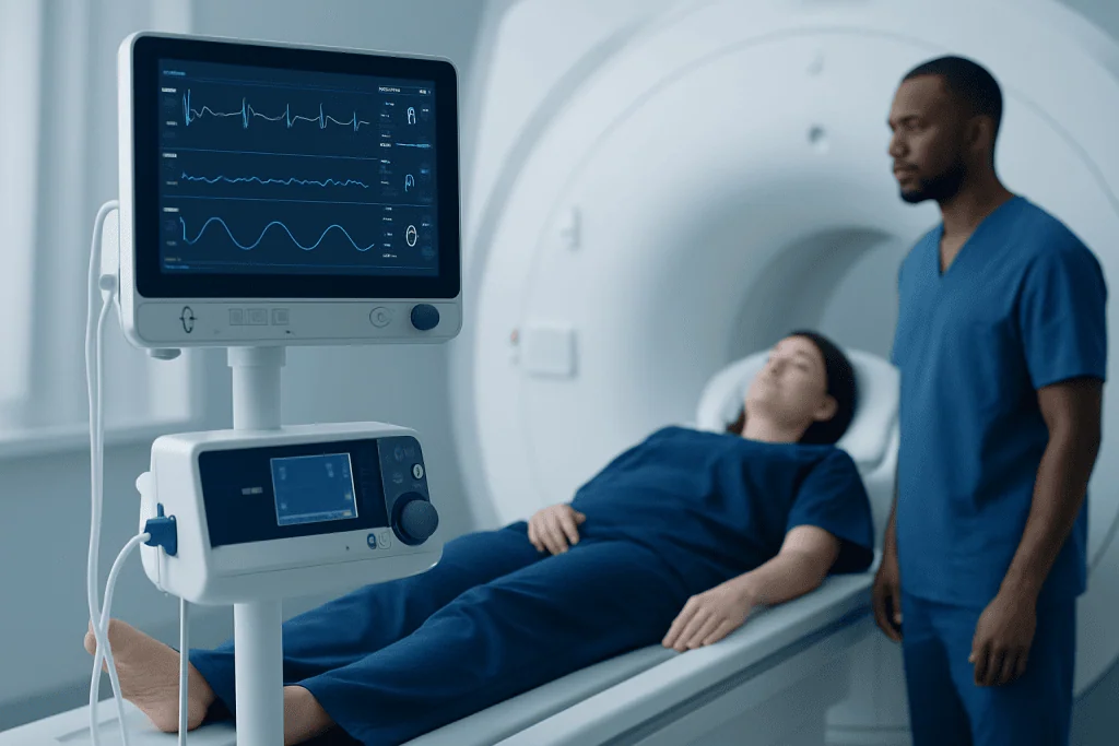 Medical professional monitoring patient during MRI scan at Acibadem Hospital.