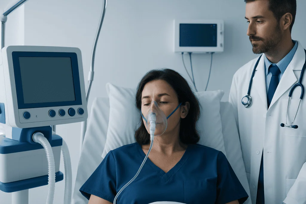 Patient with respiratory issues receiving medical care in hospital.