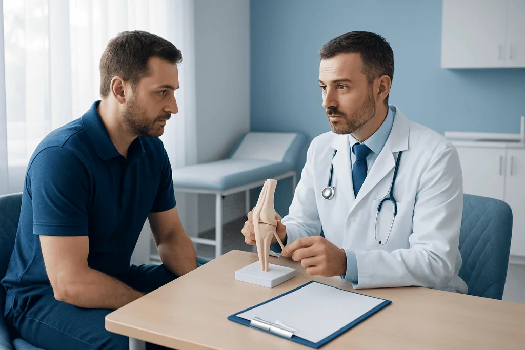 Doctor explaining suspensory ligament to patient in consultation room.