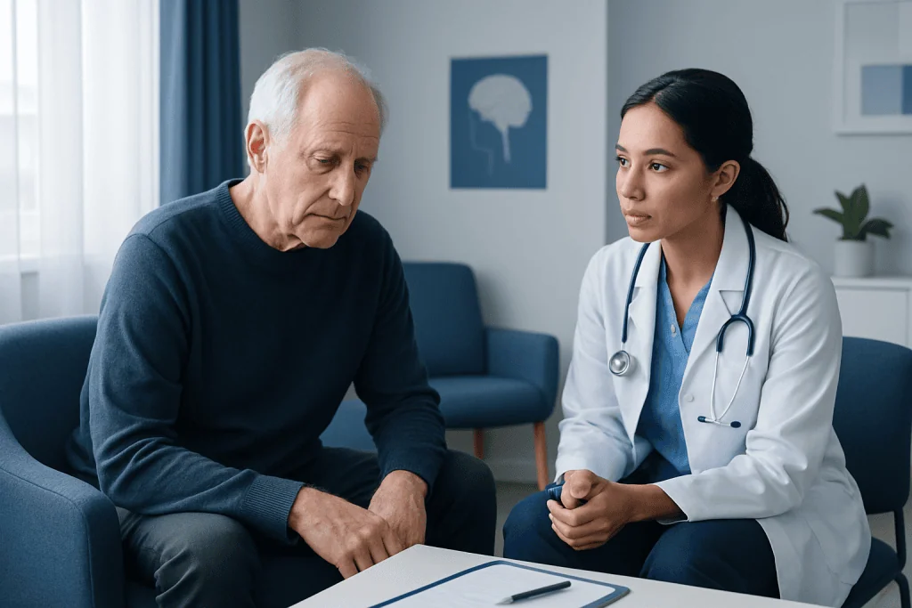 Doctor consulting with elderly patient in a medical office setting.