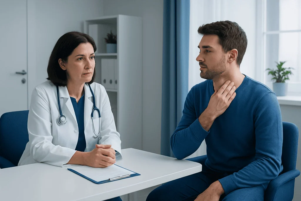 Doctor consulting with patient about allergy symptoms in a medical office.