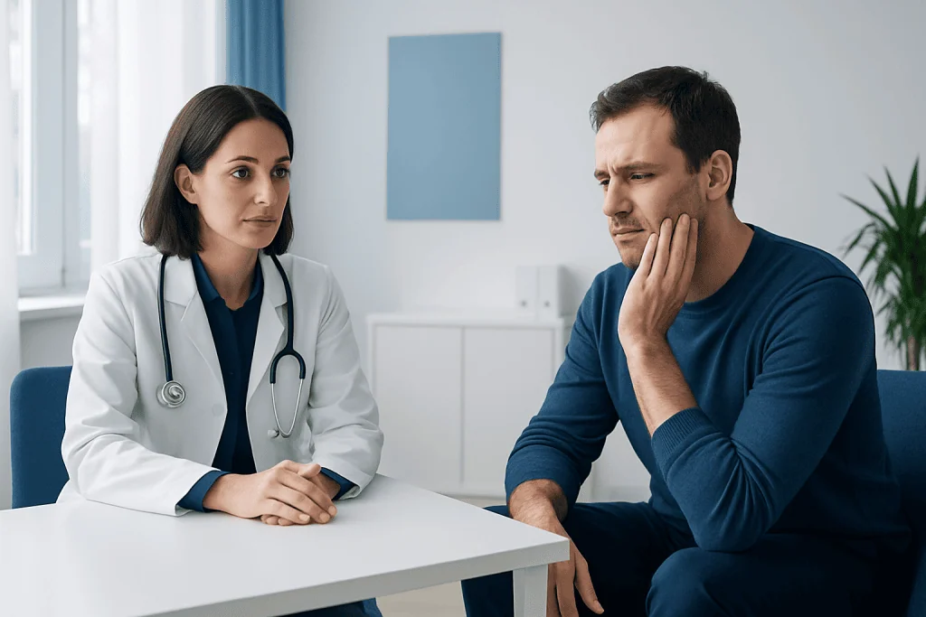 Doctor consulting with a male patient in a medical office.