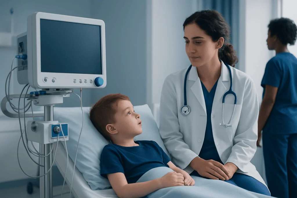 Pediatric doctor consulting a young patient in hospital bed with medical equipment.