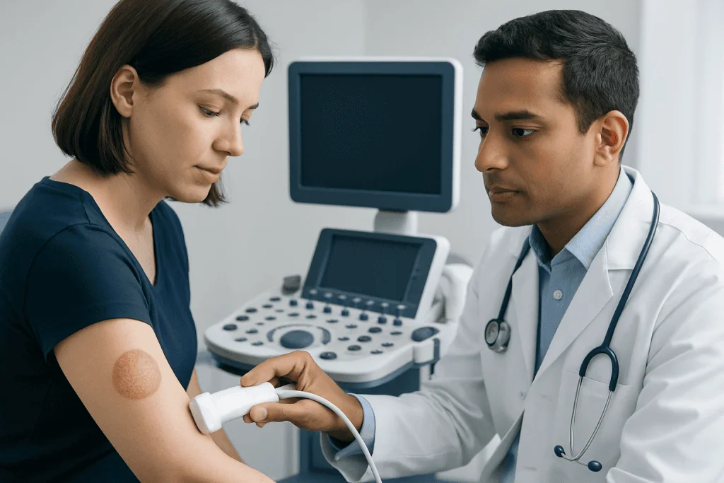 Doctor examining patient's skin with ultrasound device in hospital setting.