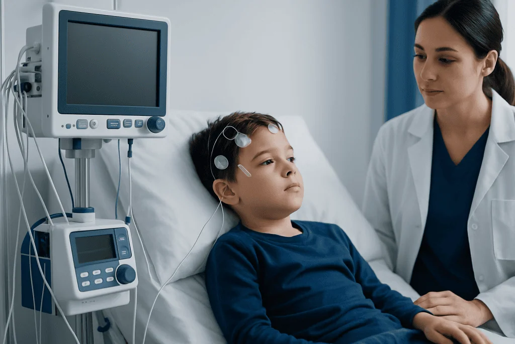Child undergoing neurological assessment in hospital setting.