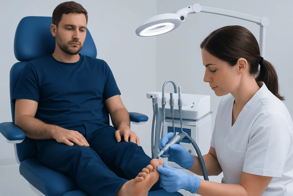 Podiatrist examining a patient's foot in a clinical setting.