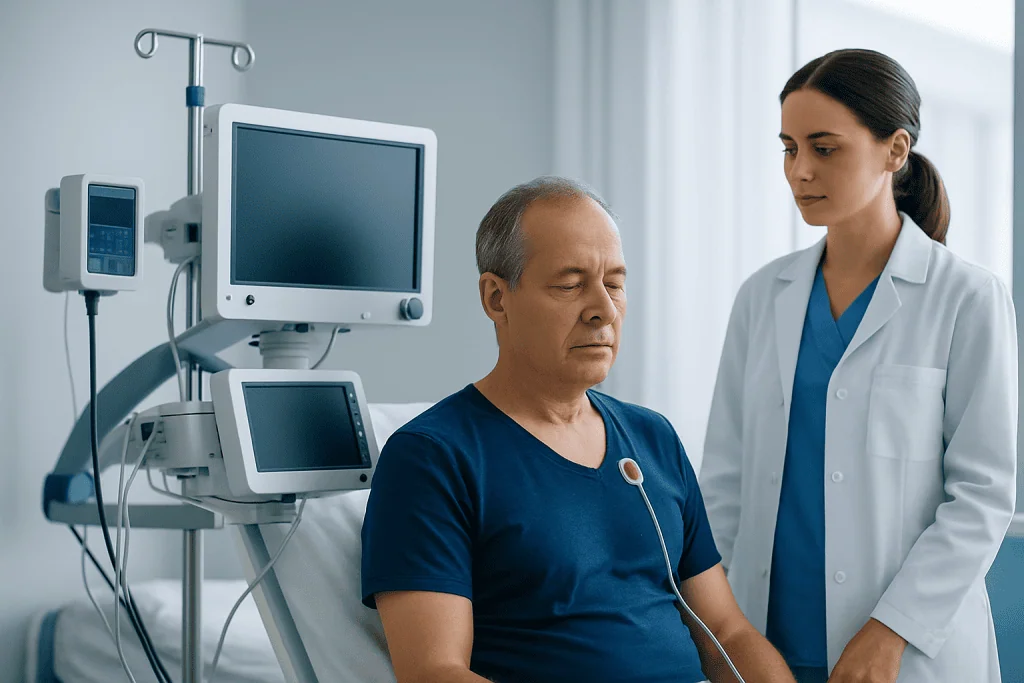 Doctor consulting with patient in hospital room with medical equipment.
