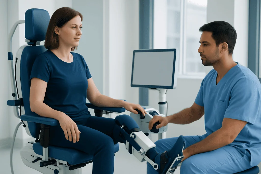 Patient undergoing neurological examination with doctor in hospital setting.