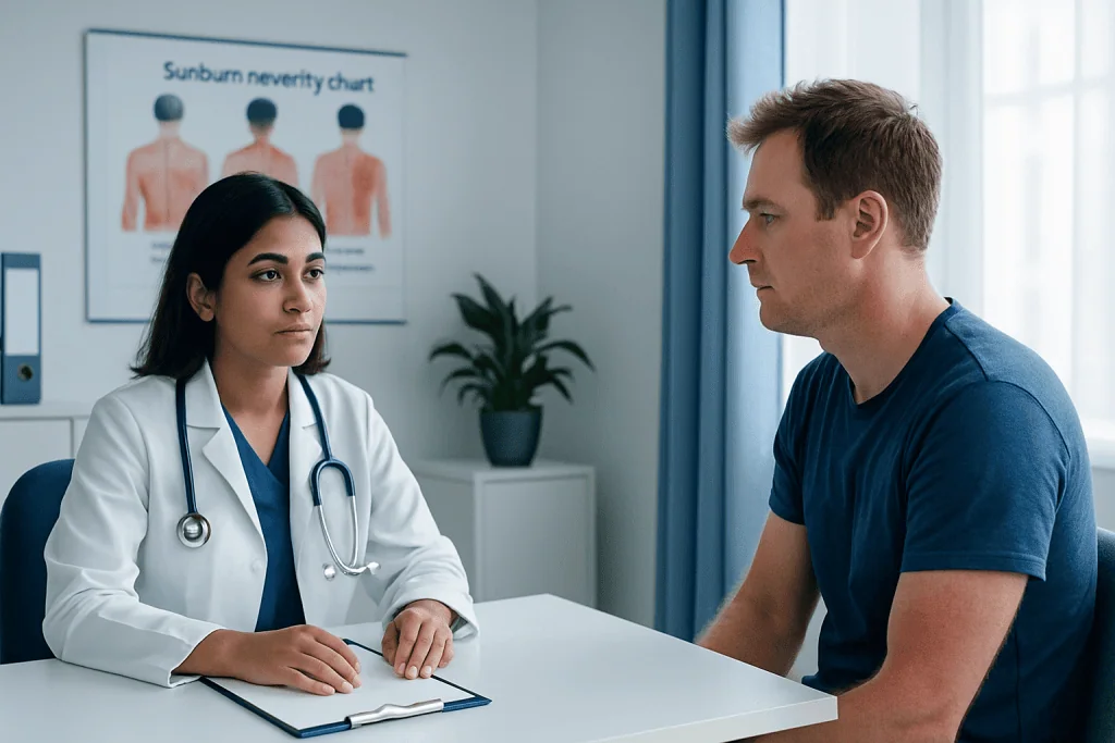 Doctor consulting patient about sunburn severity chart in clinic.