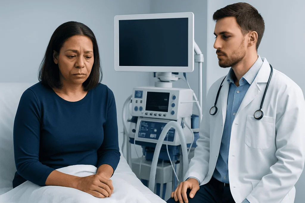 Doctor consulting with a patient in a hospital room.