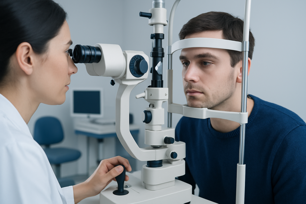 Optometrist examines patient's eye with slit lamp in clinic.