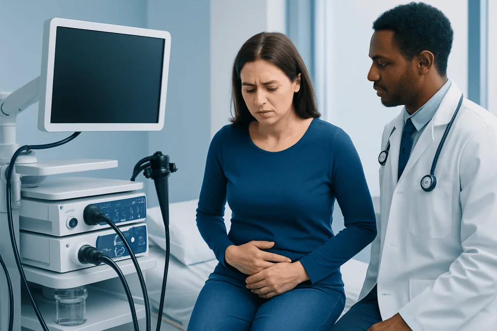 Doctor examining a woman with abdominal pain in a medical clinic.