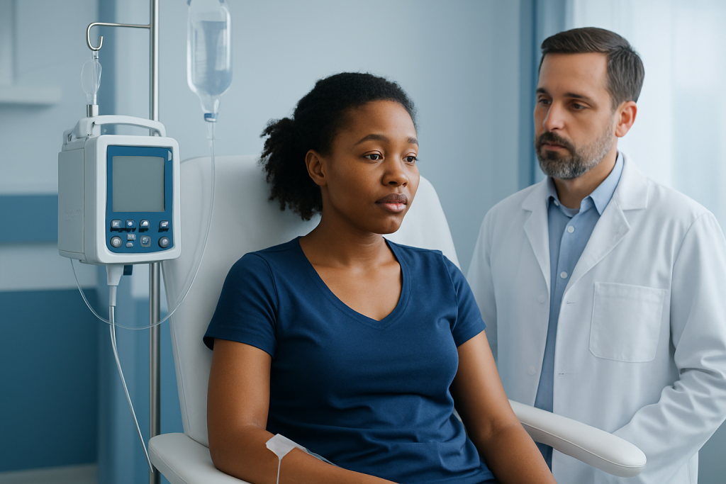 Patient in hospital bed with medical staff in a clinical setting.
