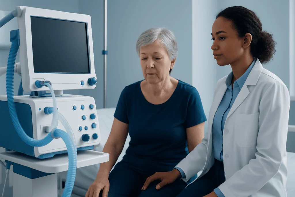 Doctor consulting elderly patient in hospital room with medical equipment.