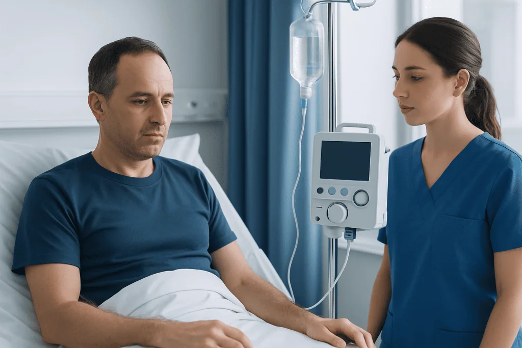 Patient in hospital bed with nurse monitoring vital signs.