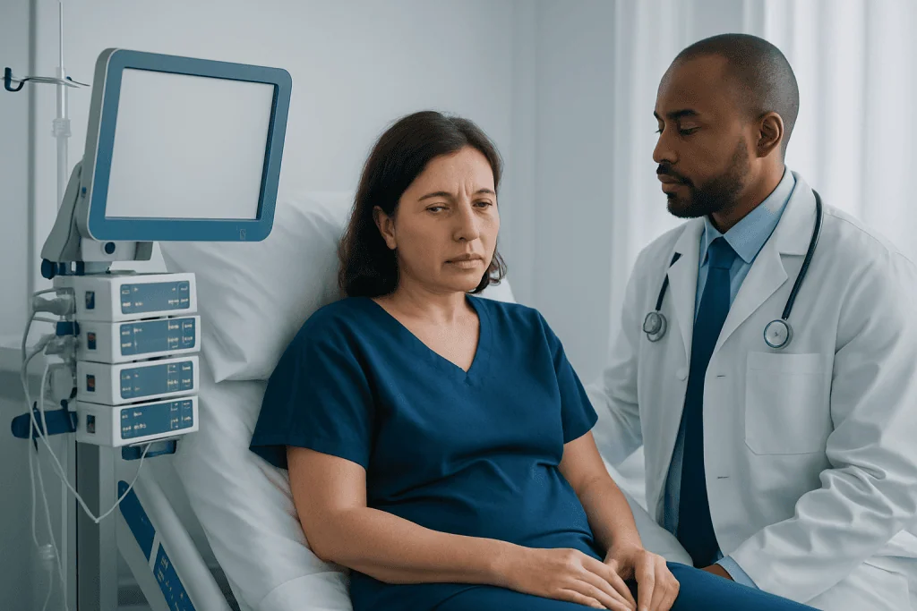 Doctor consulting with a patient in hospital bed for autoimmune hepatitis.