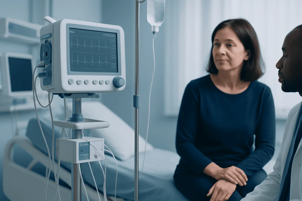 Patient in hospital room with medical monitor and healthcare professional.