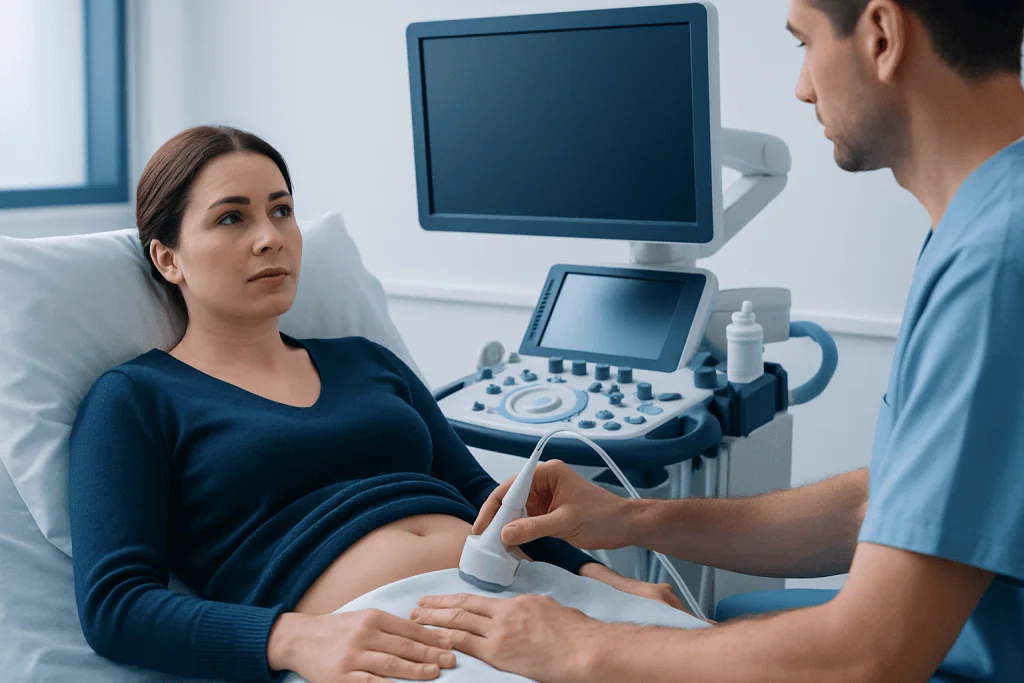 Doctor performing an ultrasound exam on a pregnant woman in a hospital.
